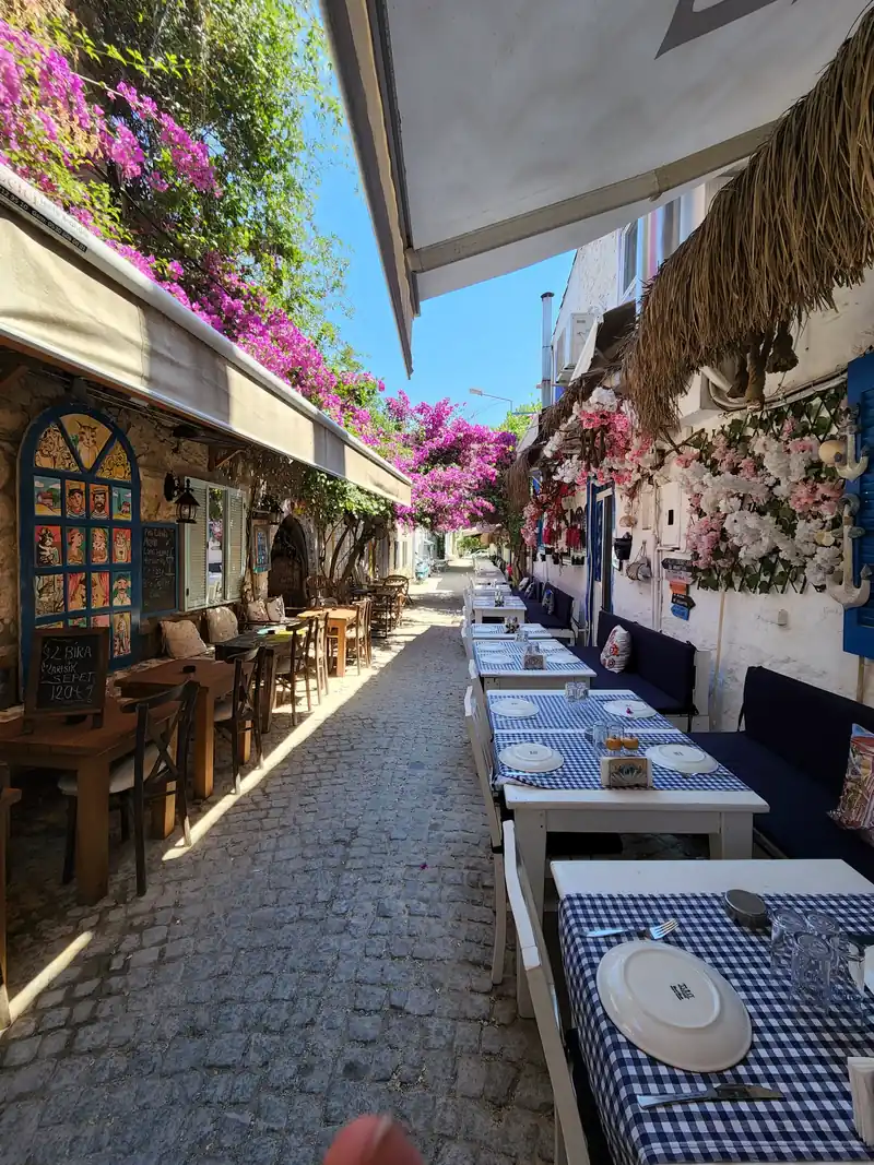 A narrow Alaçatı lane, tables laid for lunch under bougainvillea