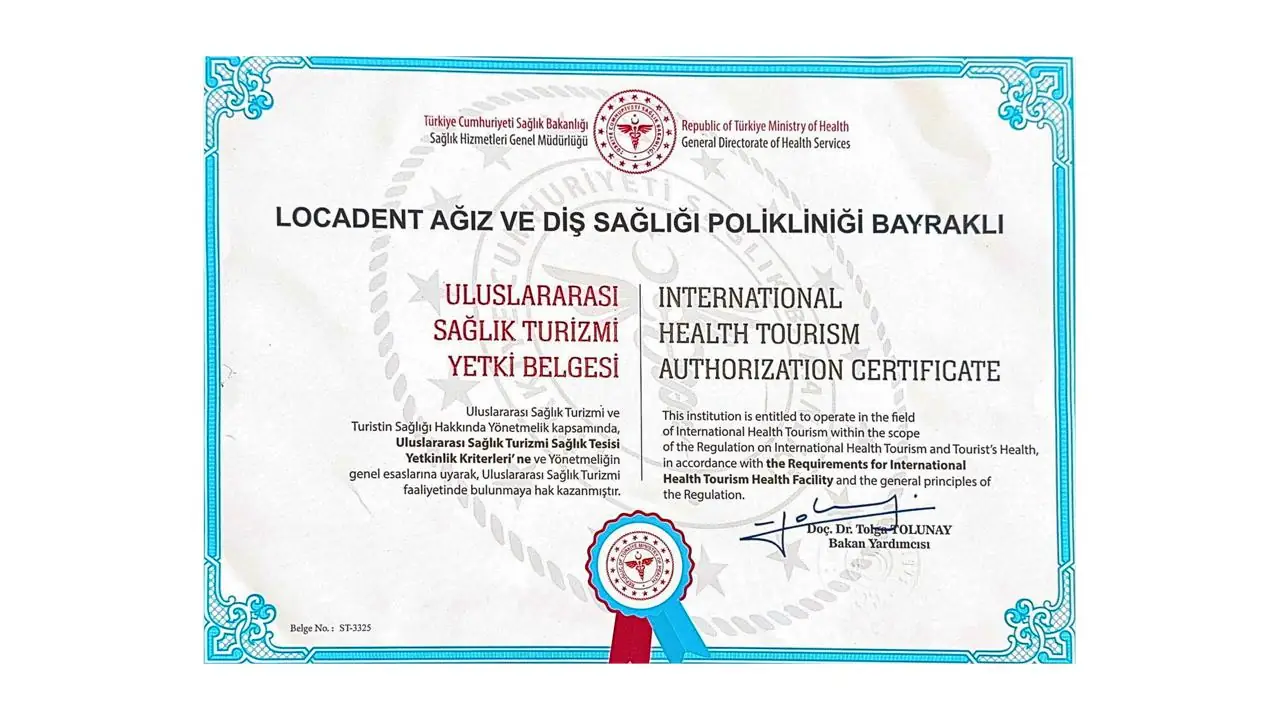 International Health Tourism Authorisation Certificate issued to Locadent Ağız ve Diş Sağlığı Polikliniği Bayraklı by the Ministry of Health of the Republic of Türkiye, certificate number ST-3325