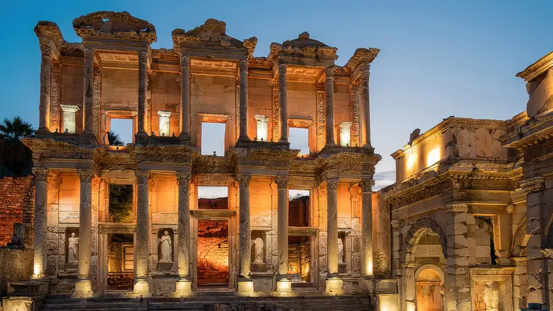 The Library of Celsus at Ephesus lit at dusk