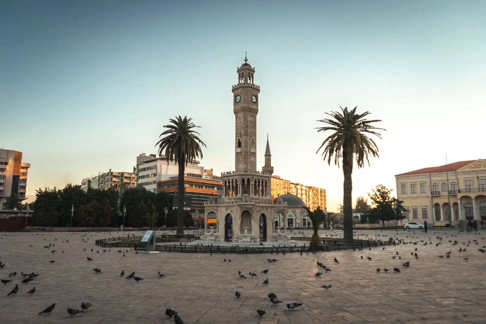 The clock tower in Konak Square at dusk, palms and pigeons around it